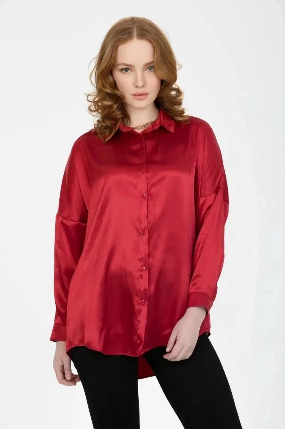 Women's Claret Red Oversize Flowy Satin Finished Shirt HZL23S-BD139851