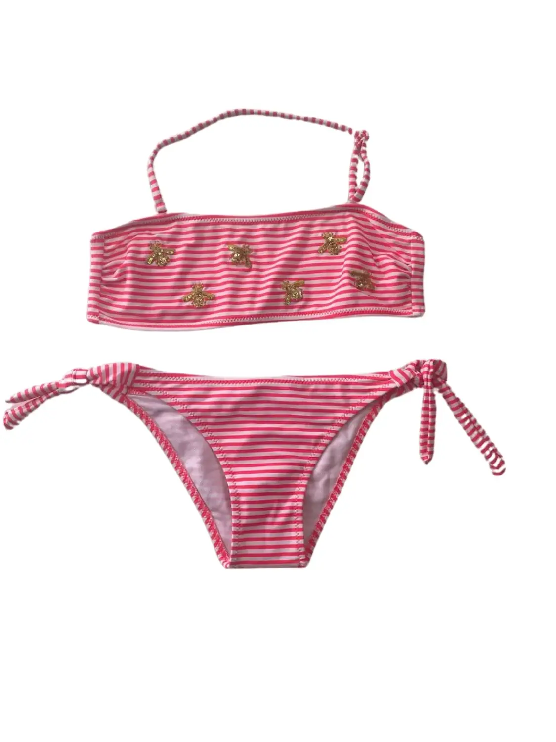 Детский купальный костюм для девочек без бретелек, розово-белая полоска, с аппликацией, 4-12 лет, из 88% полиамида и 12% эластана