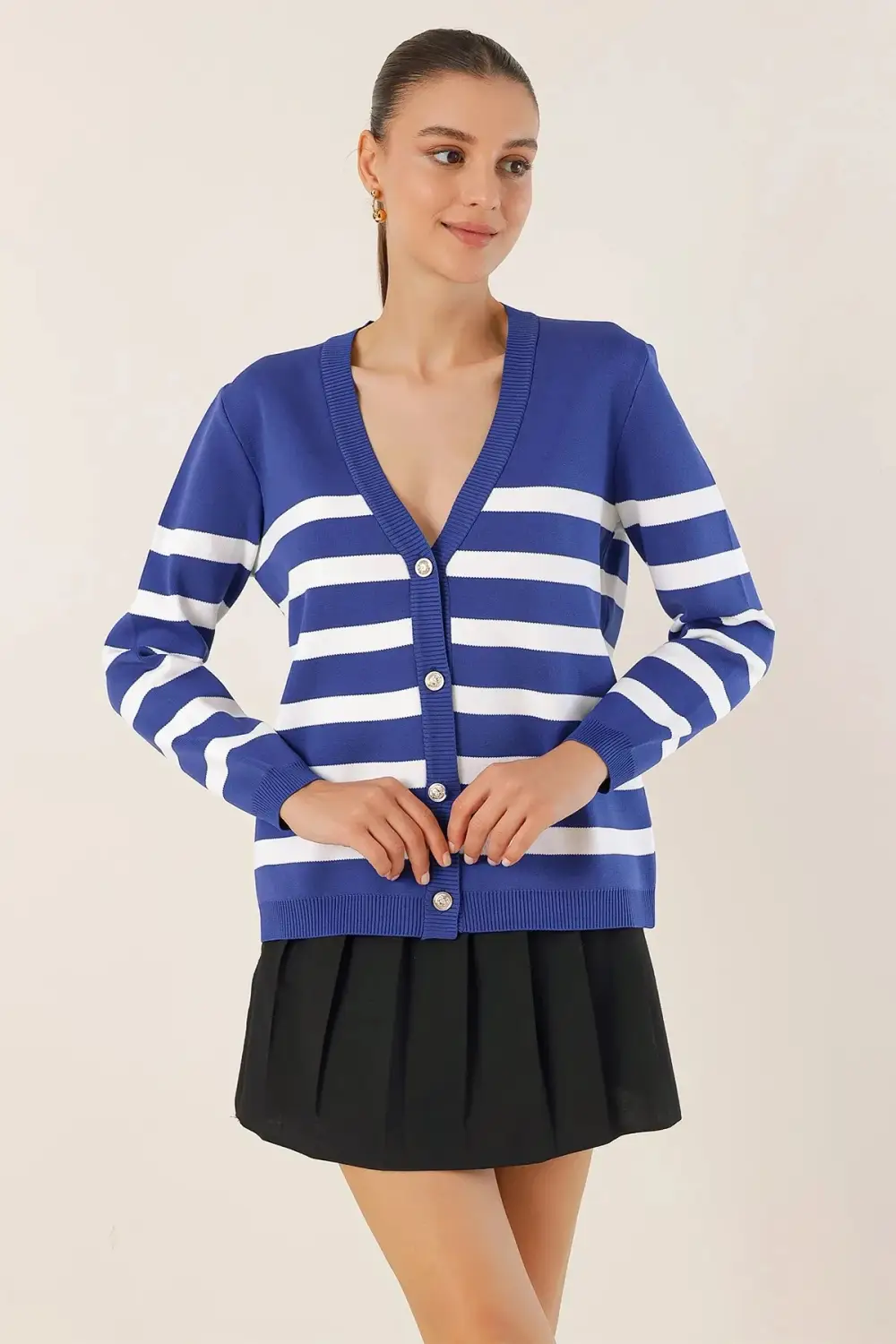 Трикотажна кофтина жіноча синього кольору з V-подібним вирізом та вільним кроєм, стандартний розмір, виготовлено в Туреччині