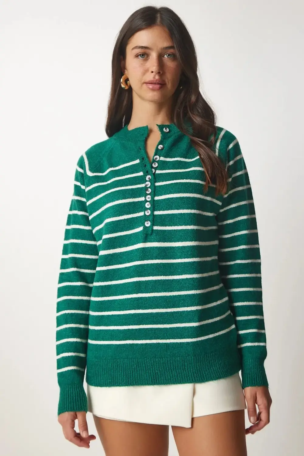 Women's Persian Green Lightweight Balloon Sleeve Striped Button-Up Collar Knitwear Sweater HZL23W-BD1101491