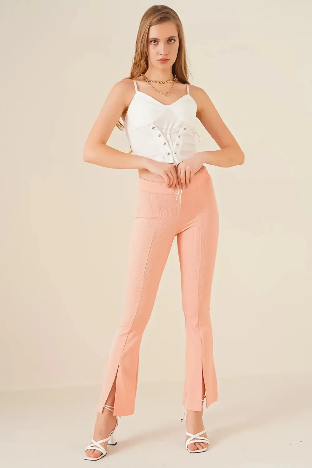 Women's Salmon Corded Slit Sculpting Flare Leg Lycra Knitted Trousers HZL23S-BD165481