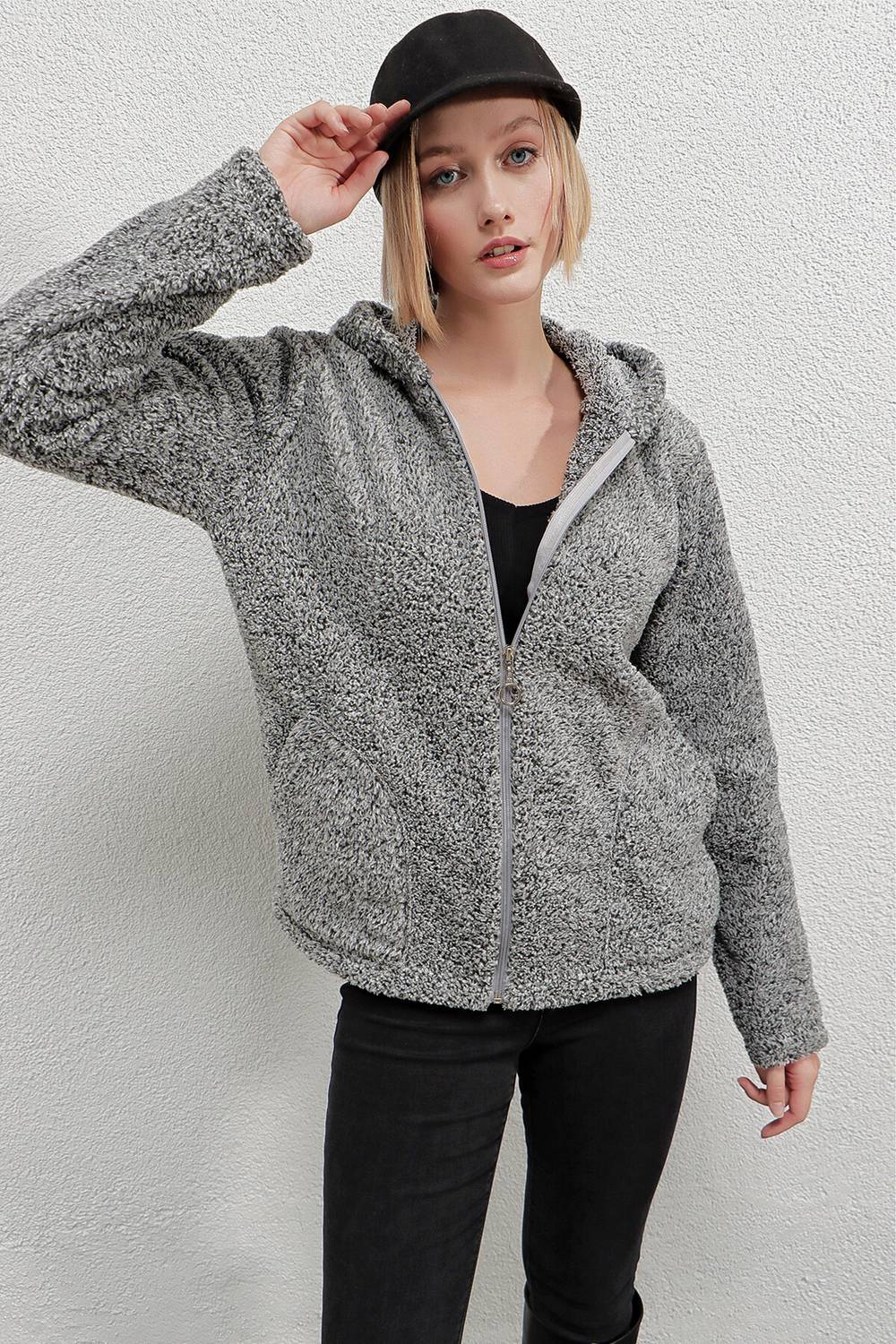 Women's Welsoft flexible fabric Gray Plush Soft Front Zipper Hooded Jacket HZL23W-DSB110081