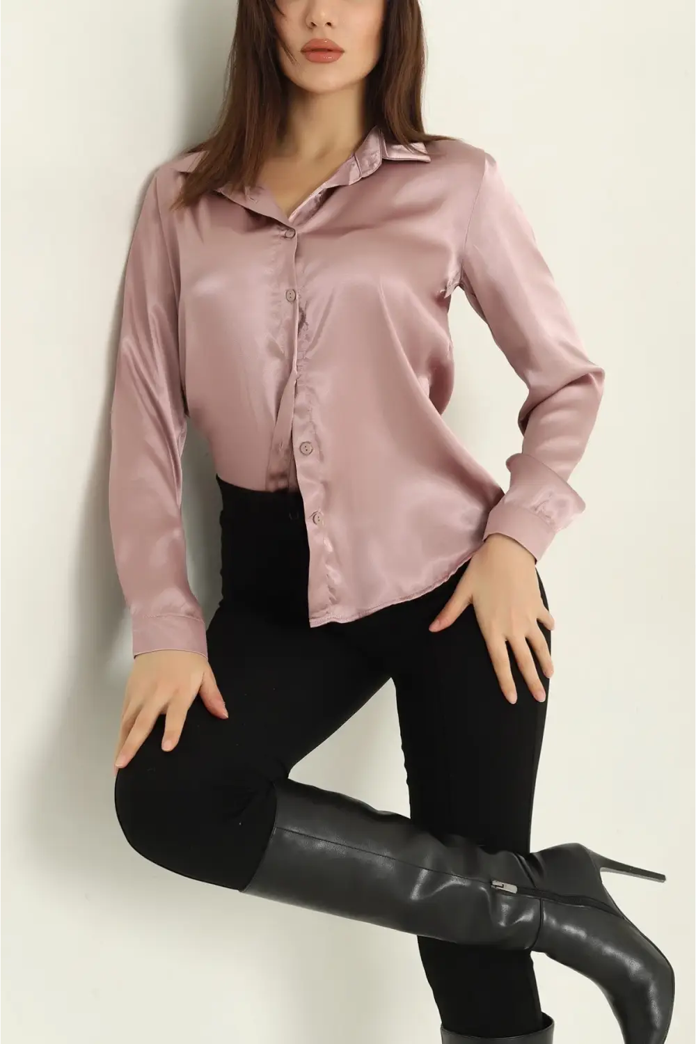 Kadın Gül Kurusu Saten Yüzeyli Tesettür Gömlek HZL25W-BD139641