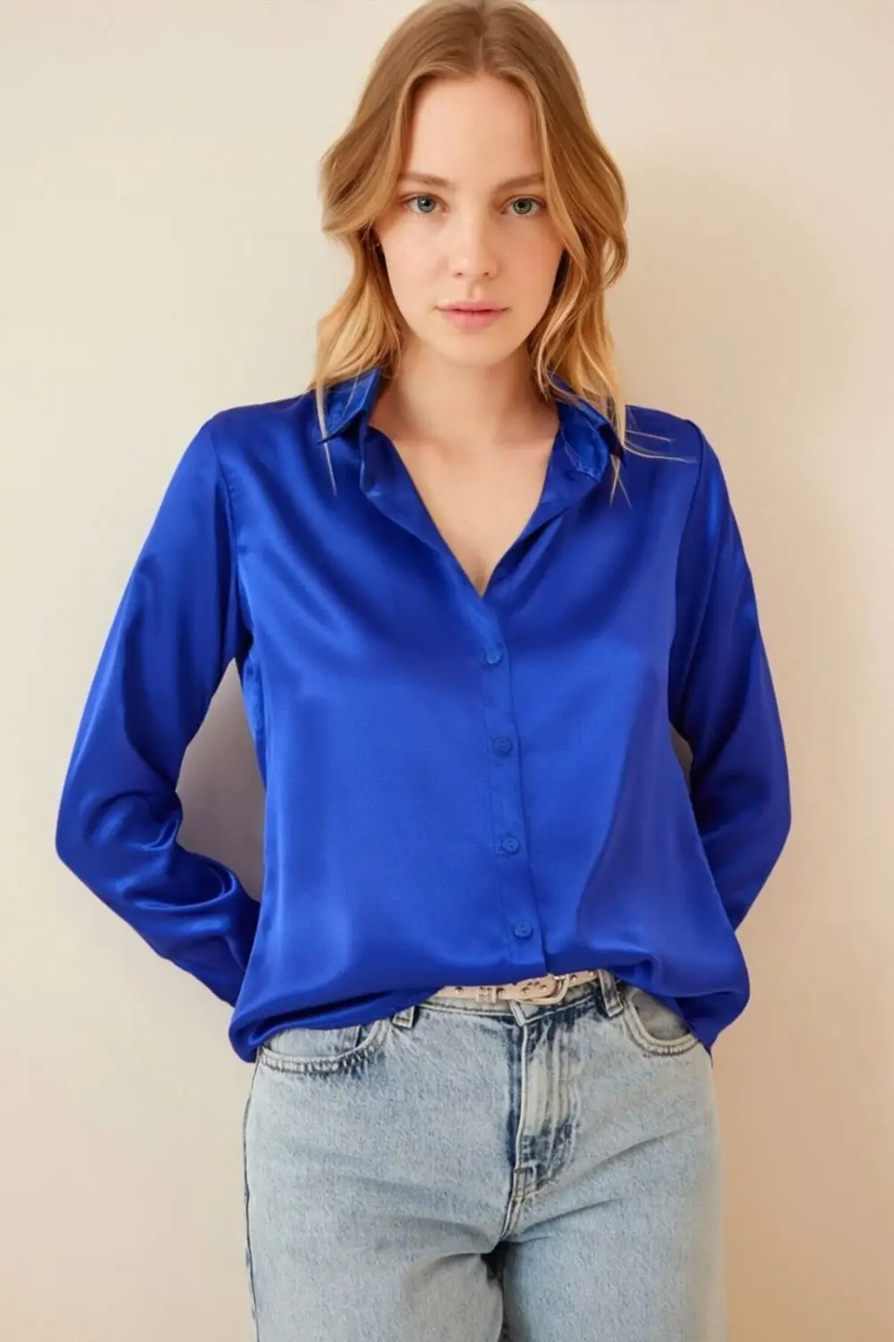 Women's Vivid Blue Lightly Draped Satin Surface Shirt HZL22W-BD139641