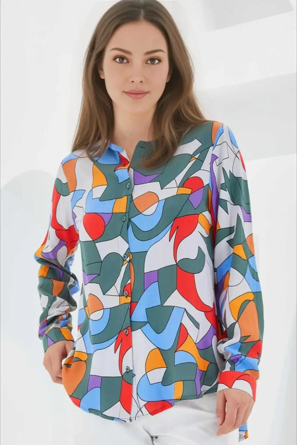 Жіноча оверсайз сорочка з геометричним малюнком, 100% віскоза, ручний догляд, різні кольори, розміри 36-44