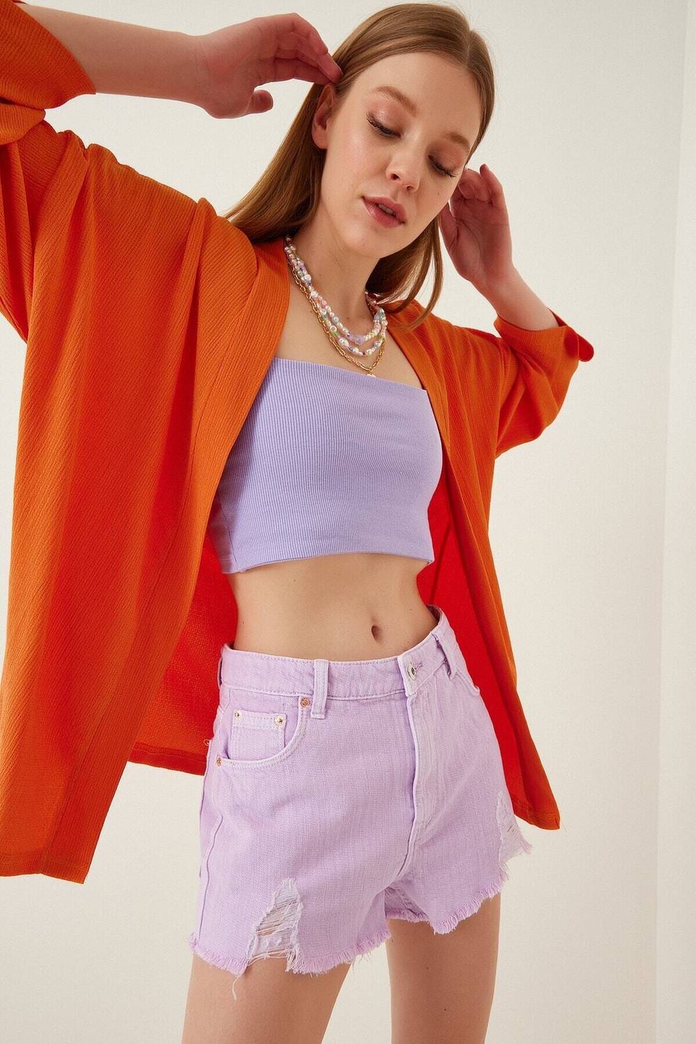 سترة برتقالية مفتوحة من الأمام ذات ياقة متعددة الطبقات موسمية HZL22S-BD158621 للنساء