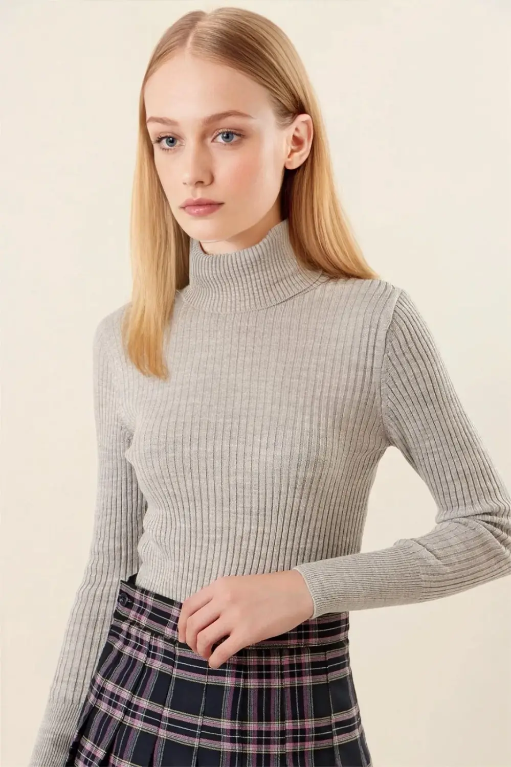 Women's Gray Turtleneck Corded Knitwear Turtleneck Sweater HZL22W-BD1445001