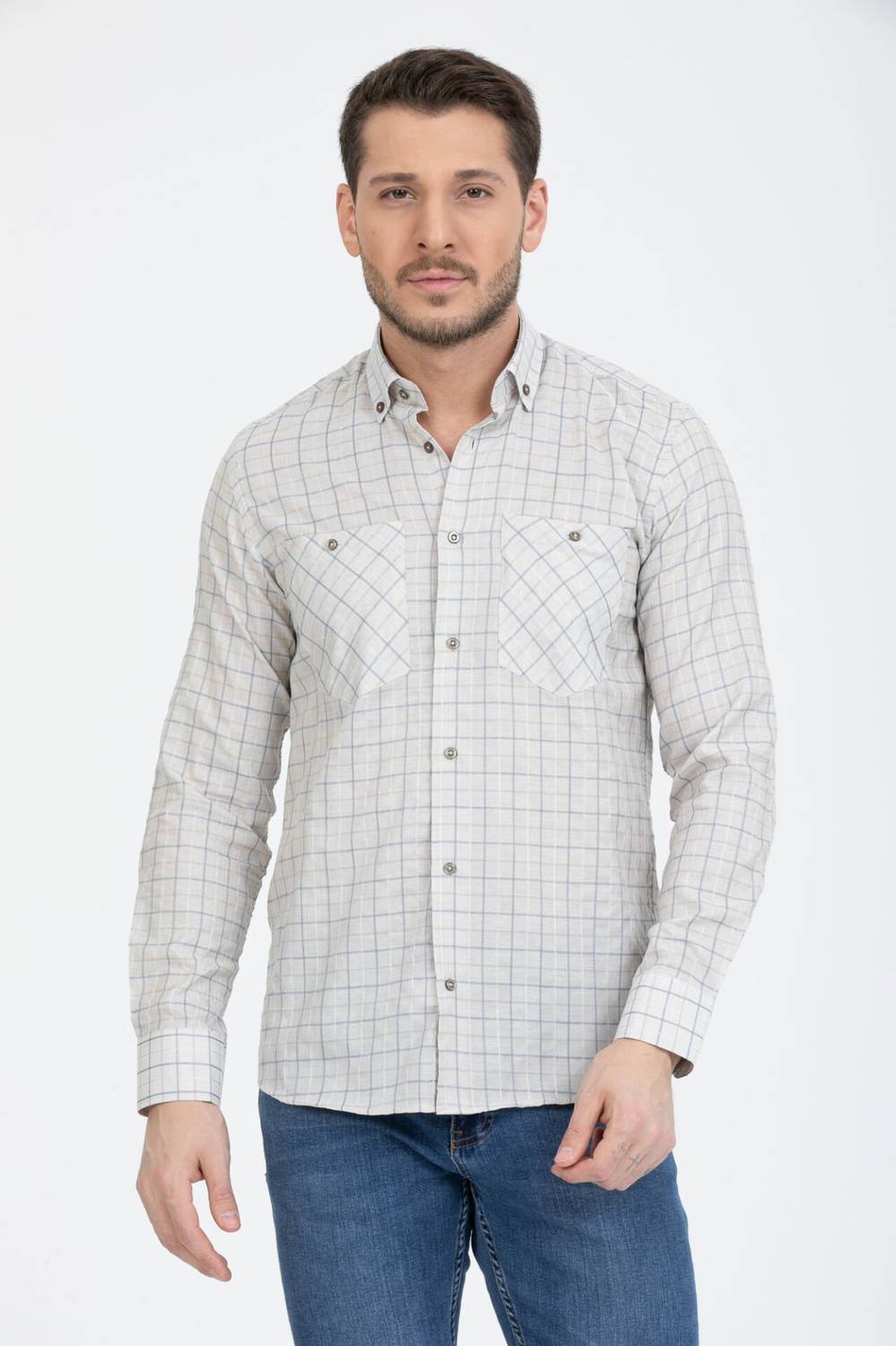 Varetta Men's Cream Collar Buttoned Double Pocket Checkered Shirt