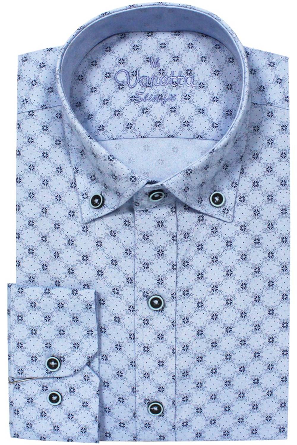 Erkek Slim Fit Açık Mavi Koldan Katlamalı Desenli Erkek Gömlek