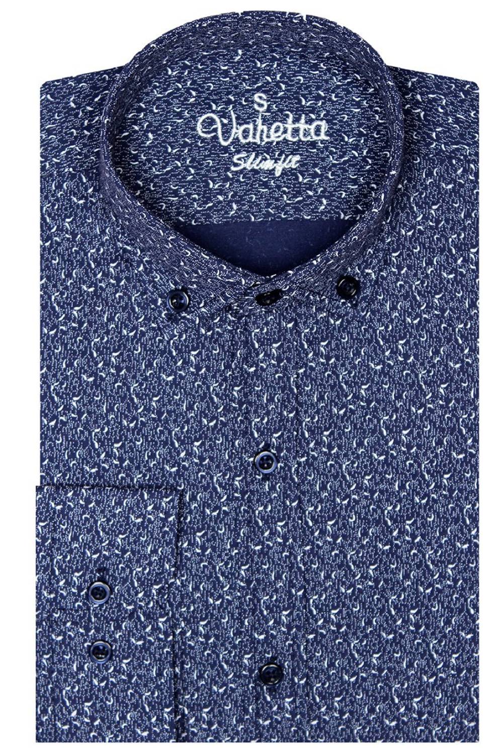 Erkek Slim Fit Lacivert Desenli Koldan Katlamalı Erkek Gömlek