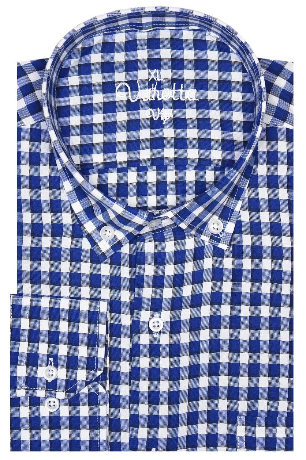 Erkek Mavi Uzun Kol Kareli Klasik kesim Yaka Düğmeli Cepli Gömlek