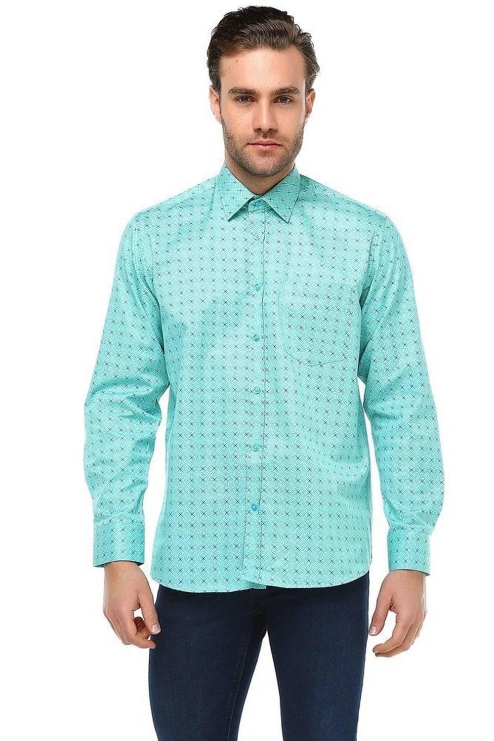 Чоловіча зелена сорочка з довгим рукавом класичного крою з цифровим принтом та кишенею