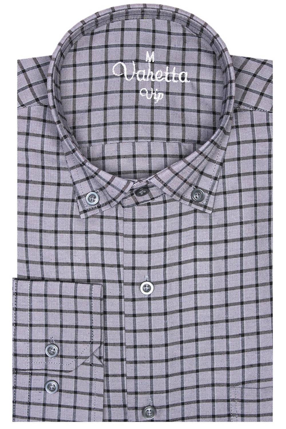 Erkek Gri Uzun Kol Ekose Kareli Klasik kesim Yaka Düğmeli Cepli Gömlek