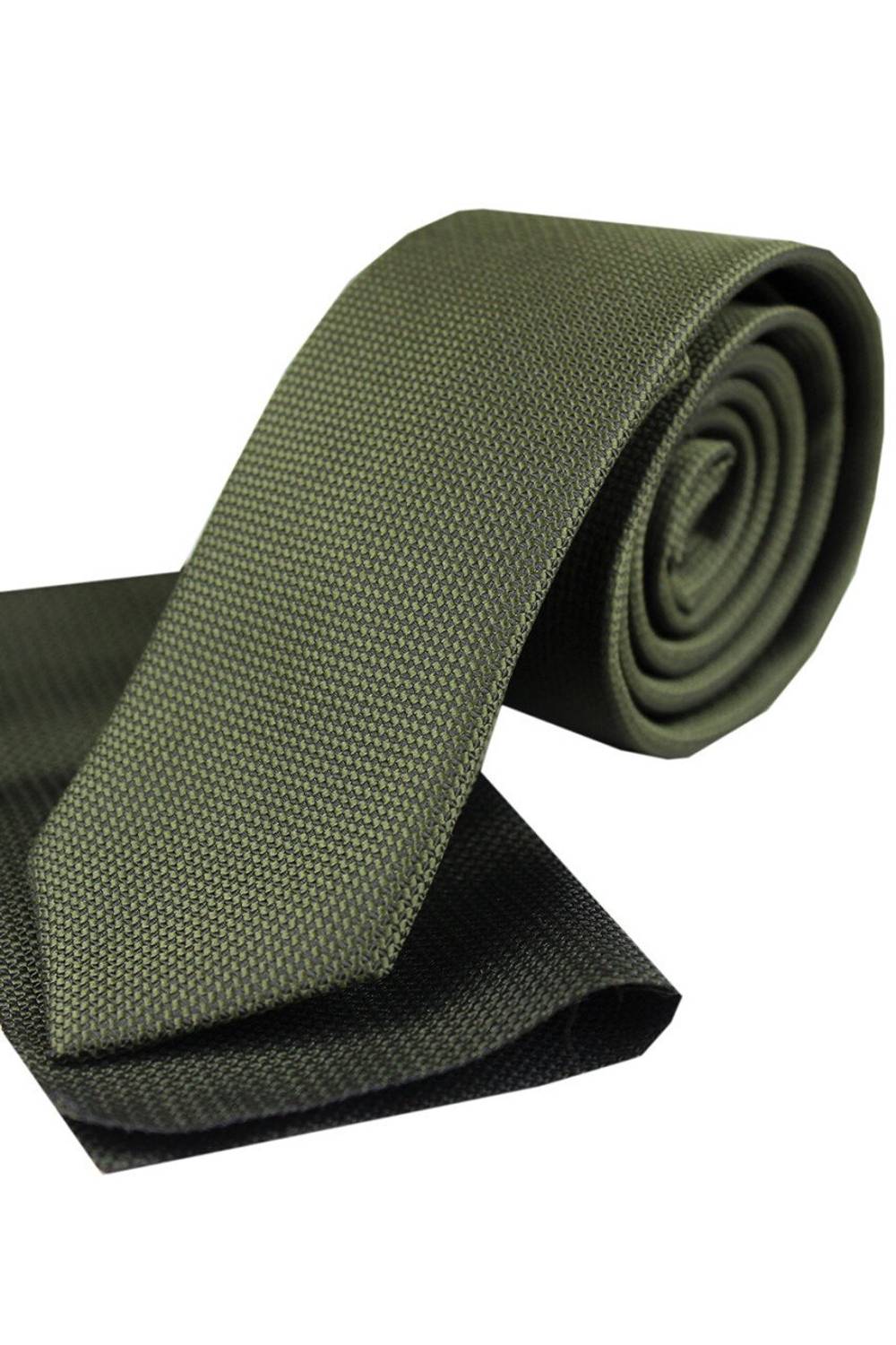 Men's Khaki Green Dobby Eyelet Pattern Narrow Handkerchief Tie