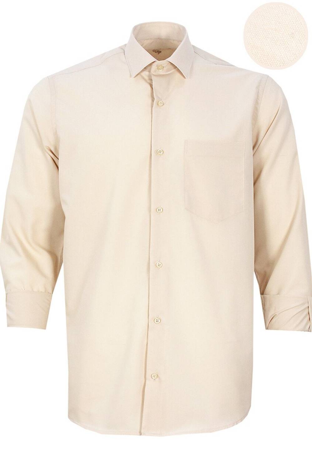 Men's Camel Color Cotton Satin Straight Long Sleeve Single Pocket Classic Cut Shirt