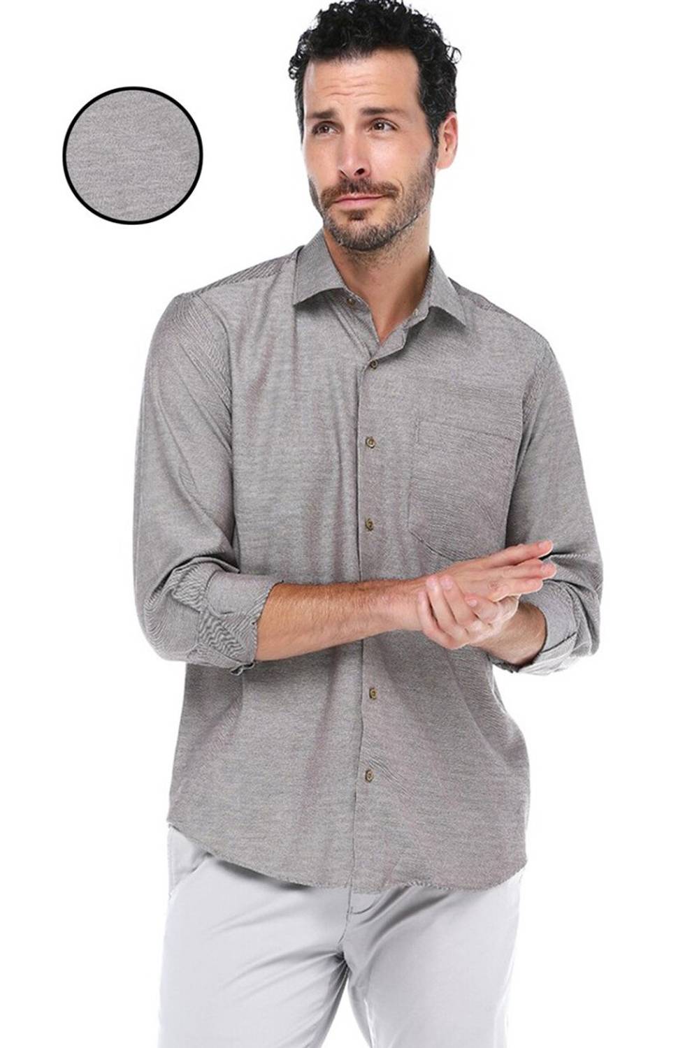 Men's Gray Classic Cut Long Sleeve Single Pocket Shirt