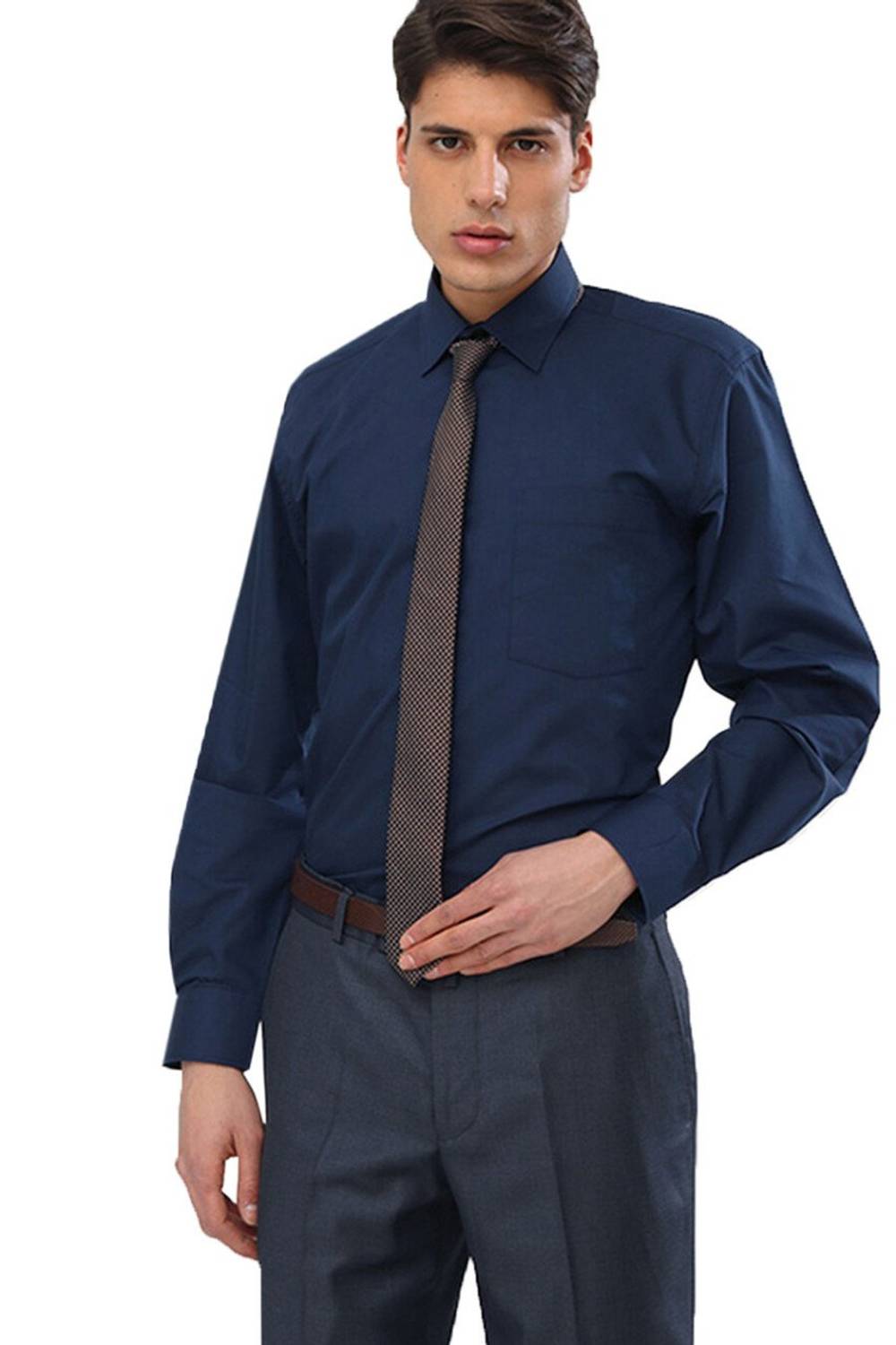 Чоловіча класична сорочка з довгим рукавом і одним кишенею темно-синього кольору