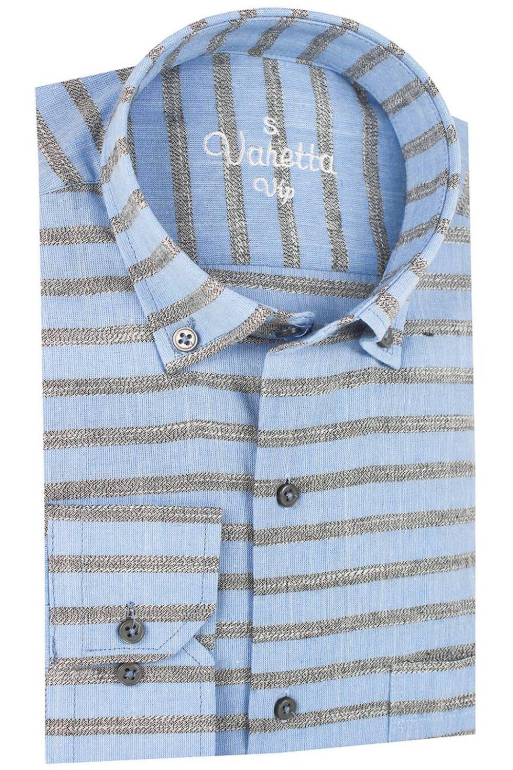 Men's Blue Classic Cut Patterned Single Pocket Collar Buttoned Long Sleeve Shirt