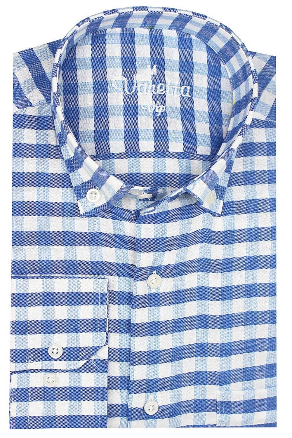 Erkek Mavi Beyaz Klasik Kesim Kareli Yaka Düğmeli Tek Cepli Uzun Kollu Gömlek