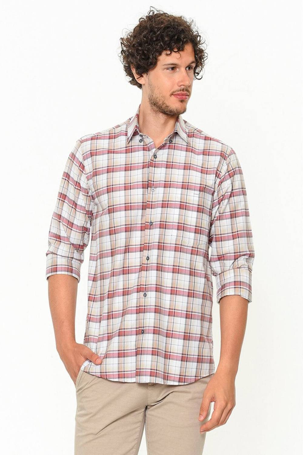 Men's Brown Classic Cut Patterned Single Pocket Collar Buttoned Long Sleeve Shirt