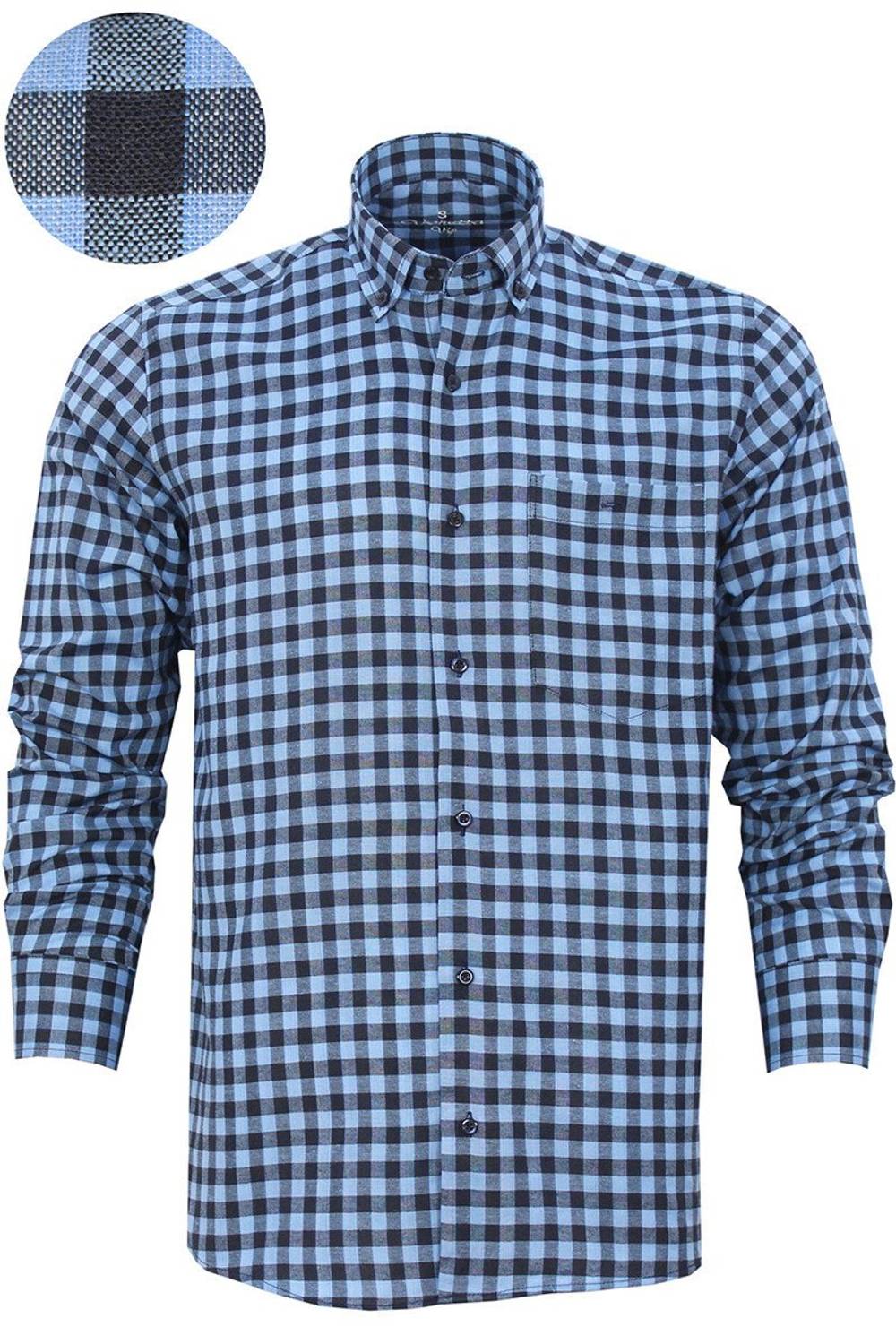 Men's Blue Navy Blue Classic Cut Check Collar Buttoned One Pocket Long Sleeve Shirt