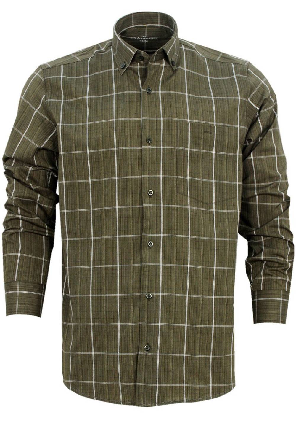 Erkek Yeşil  Klasik Kesim Kareli Yaka Düğmeli Tek Cepli Uzun Kollu Gömlek