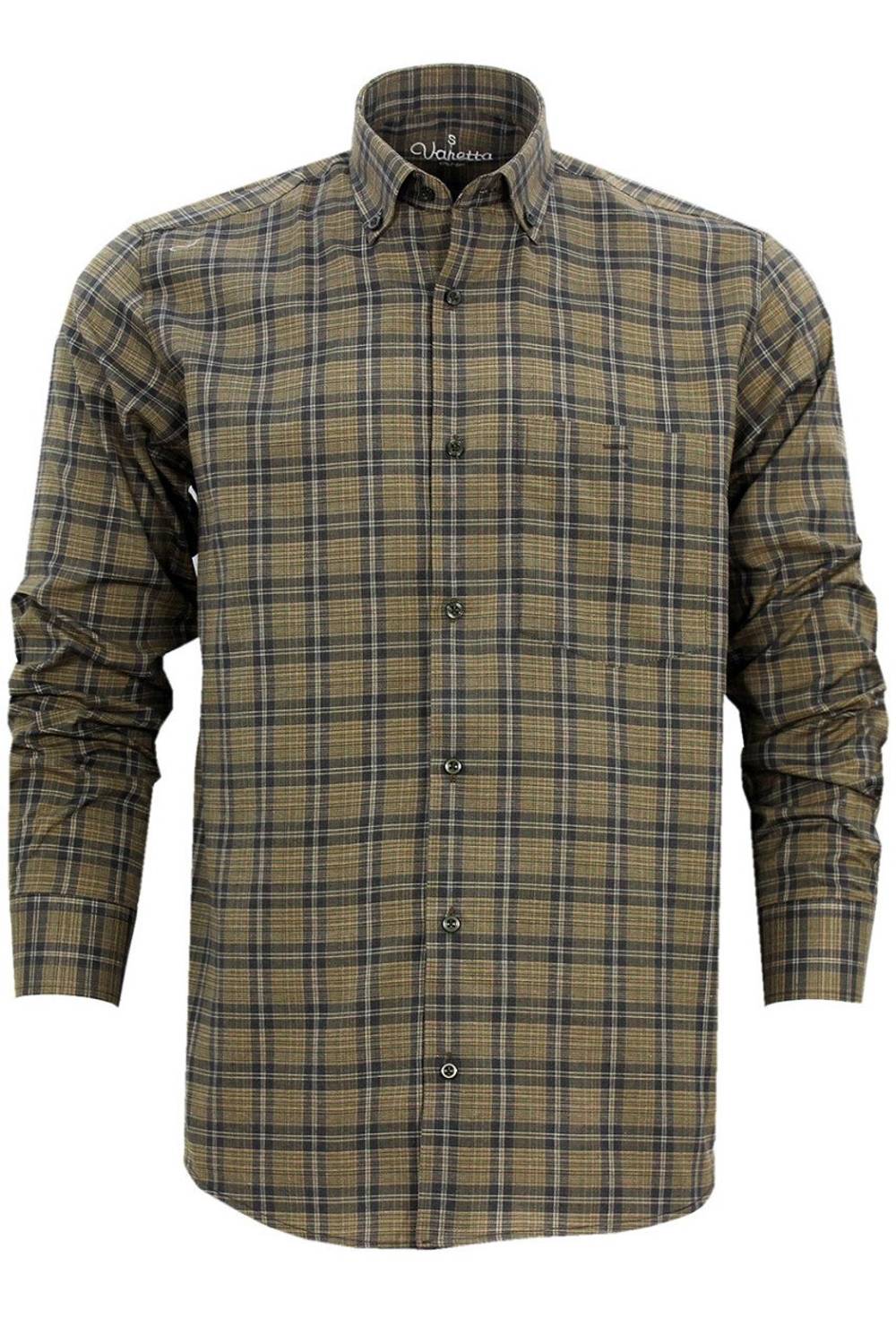 قميص رجالي بأكمام طويلة وياقة مربعة وأزرار وجيب واحد باللون الأخضر الكاكي الكلاسيكي