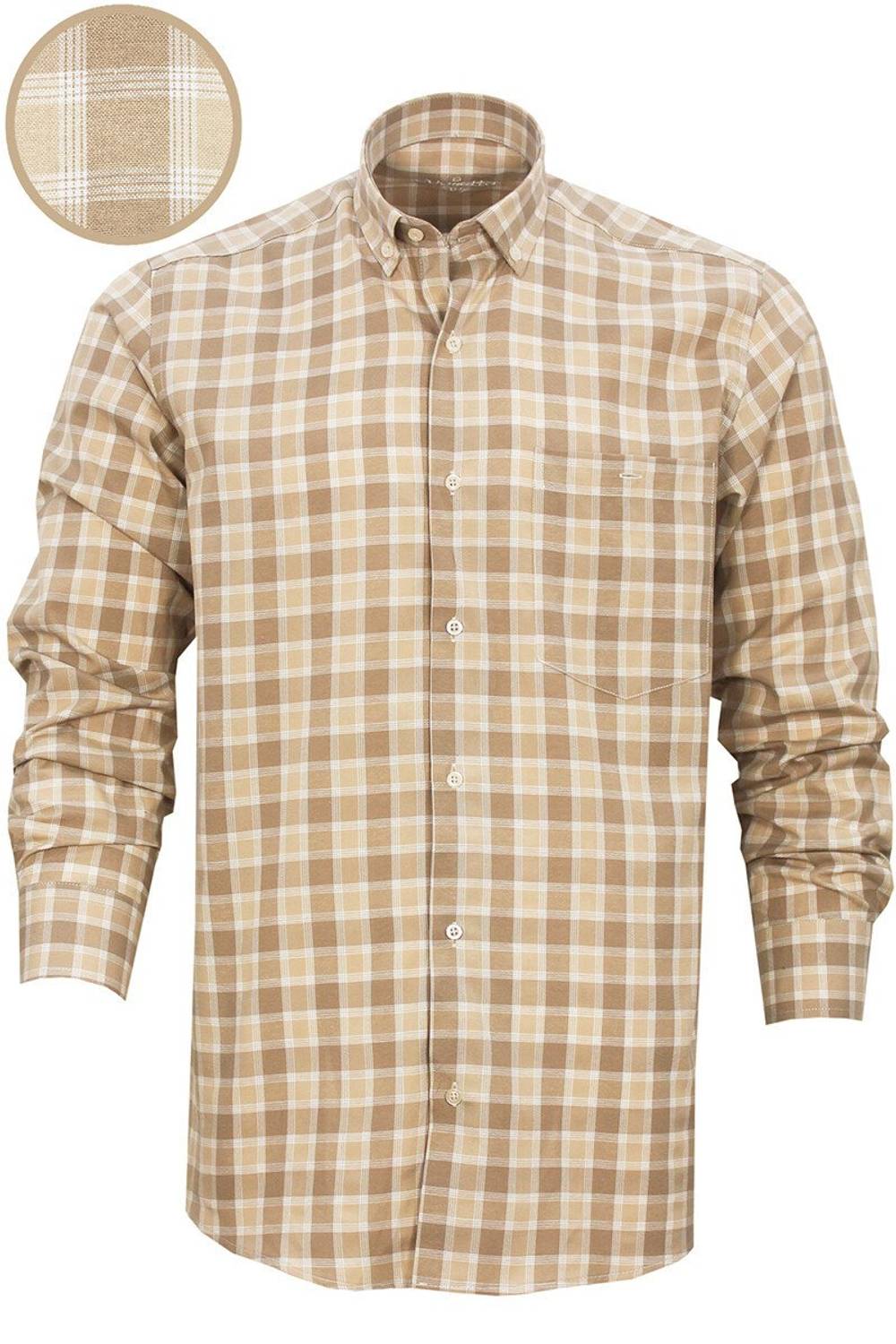 Men's Light Brown Classic Cut Checked Collar Buttoned Single Pocket Long Sleeve Shirt