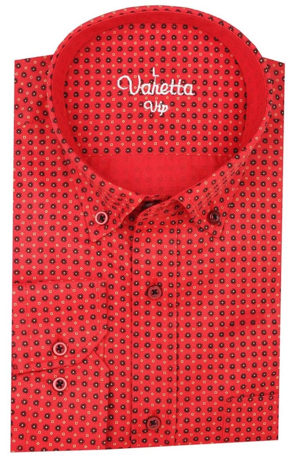 Men's Red Digital Printed Collar Buttoned Classic Cut Single Pocket Long Sleeve Shirt