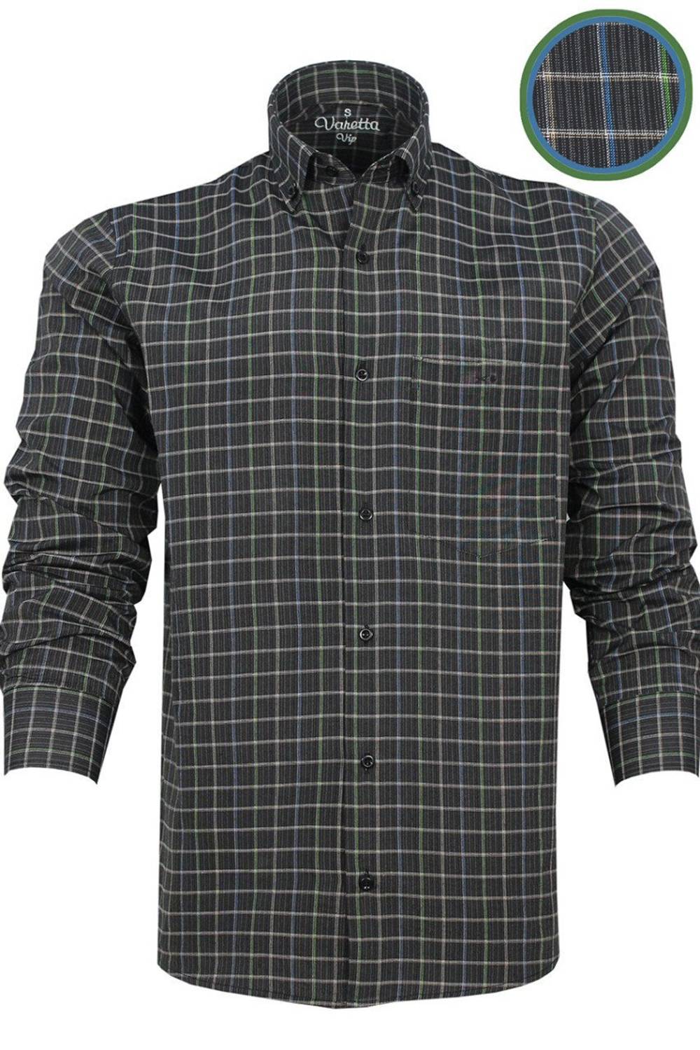 Men's Black Green Classic Cut Plaid Collar Buttoned Single Pocket Long Sleeve Shirt
