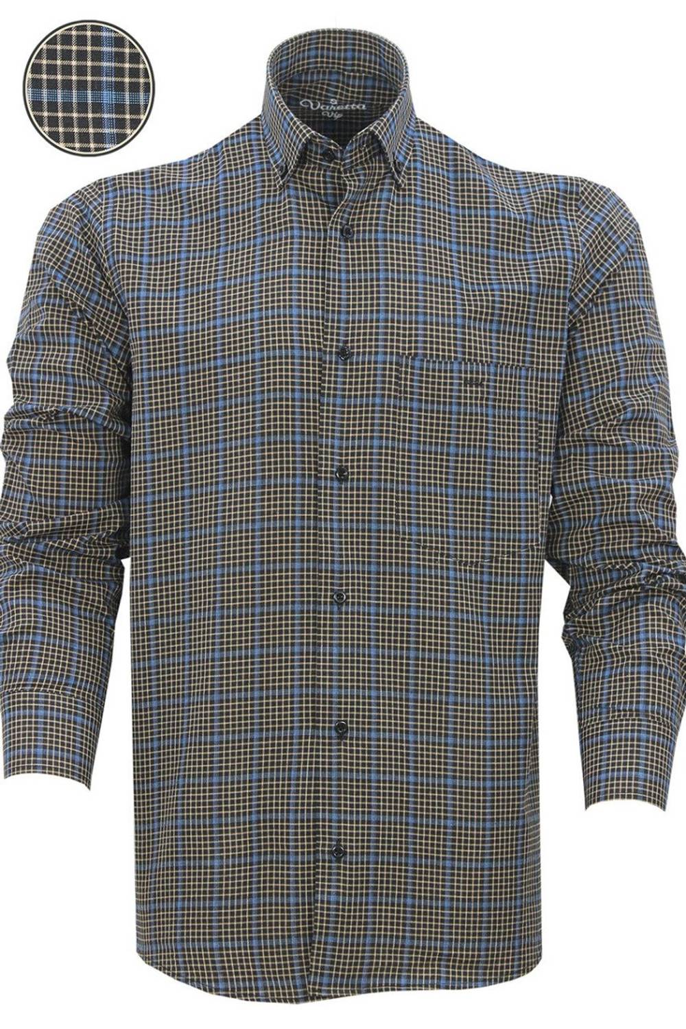 Men's Black Blue Classic Cut Plaid Collar Buttoned Single Pocket Long Sleeve Shirt