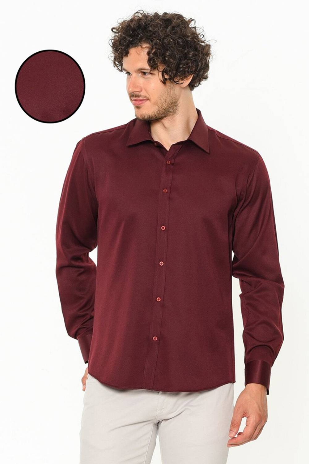 Men's Burgundy Straight Slim Fit Long Sleeve Shirt