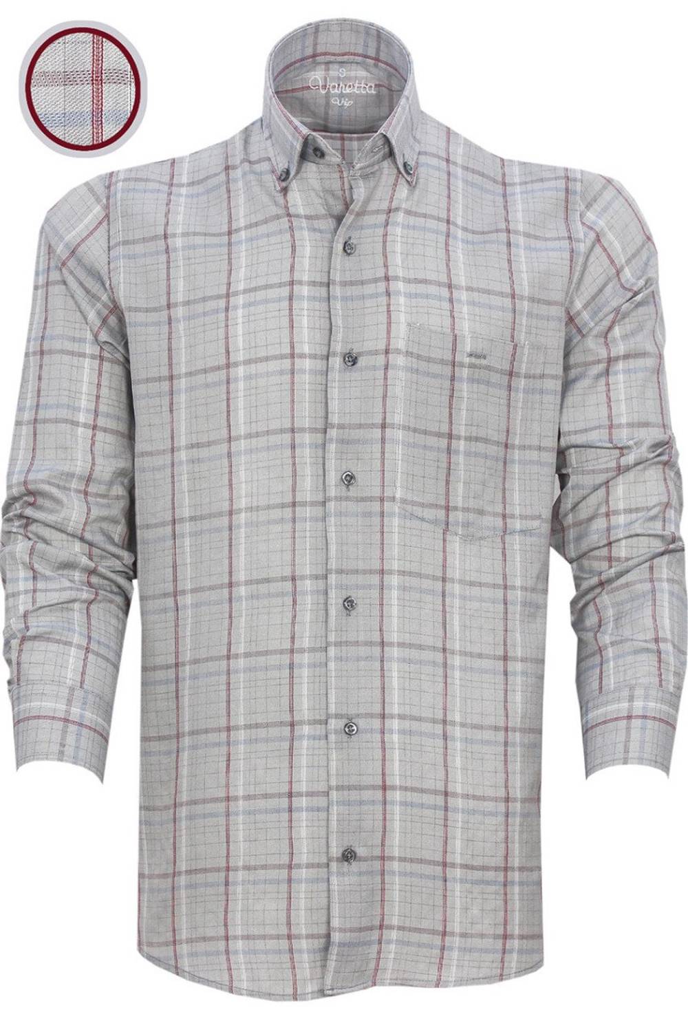 Erkek Gri Klasik Kesim Kareli Yaka Düğmeli Tek Cepli Uzun Kol Gömlek