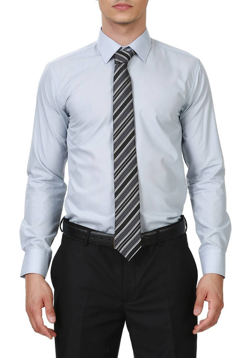 Men's Gray Straight Slim Fit Long Sleeve Shirt