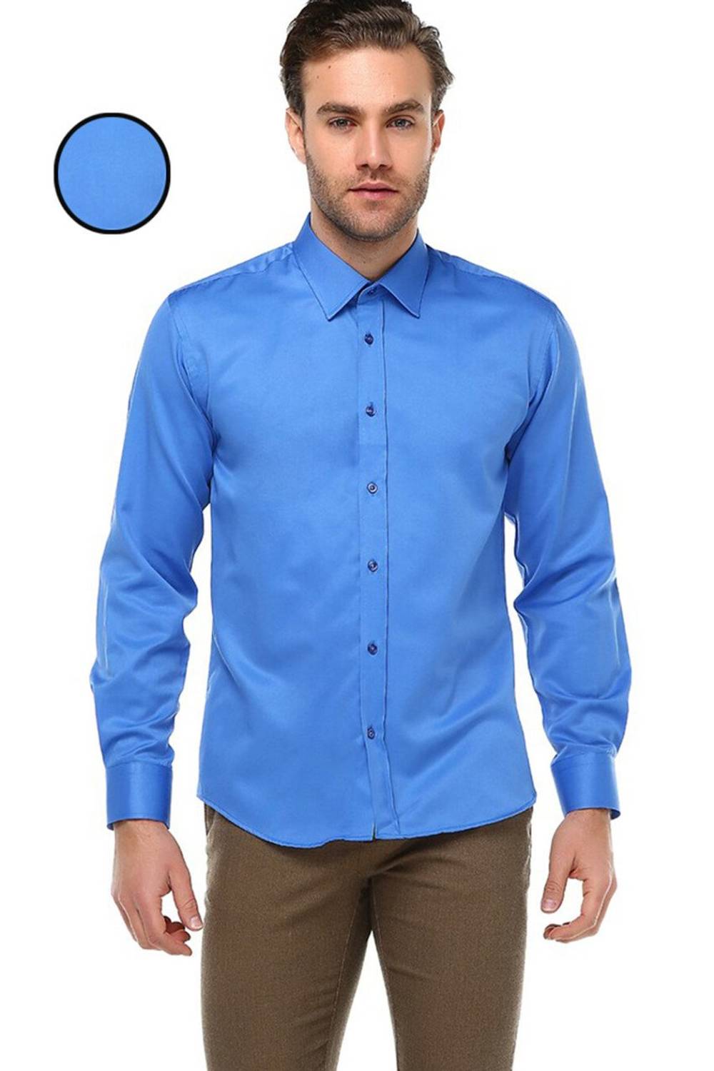 Мужская темно-синяя однотонная рубашка с длинным рукавом slim fit