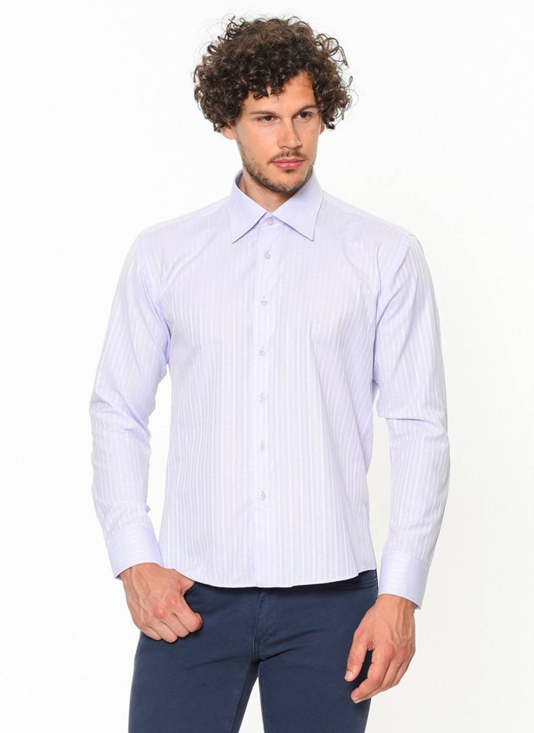 Erkek Slim Fit Lila Desenli Uzun Kollu Gömlek