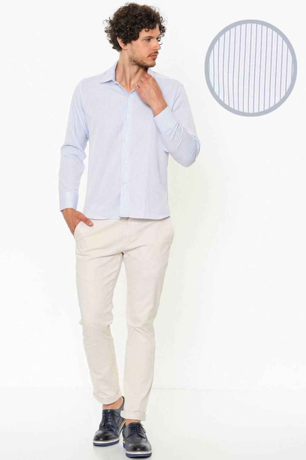 Men's Slim Fit Blue Striped Long Sleeve Shirt