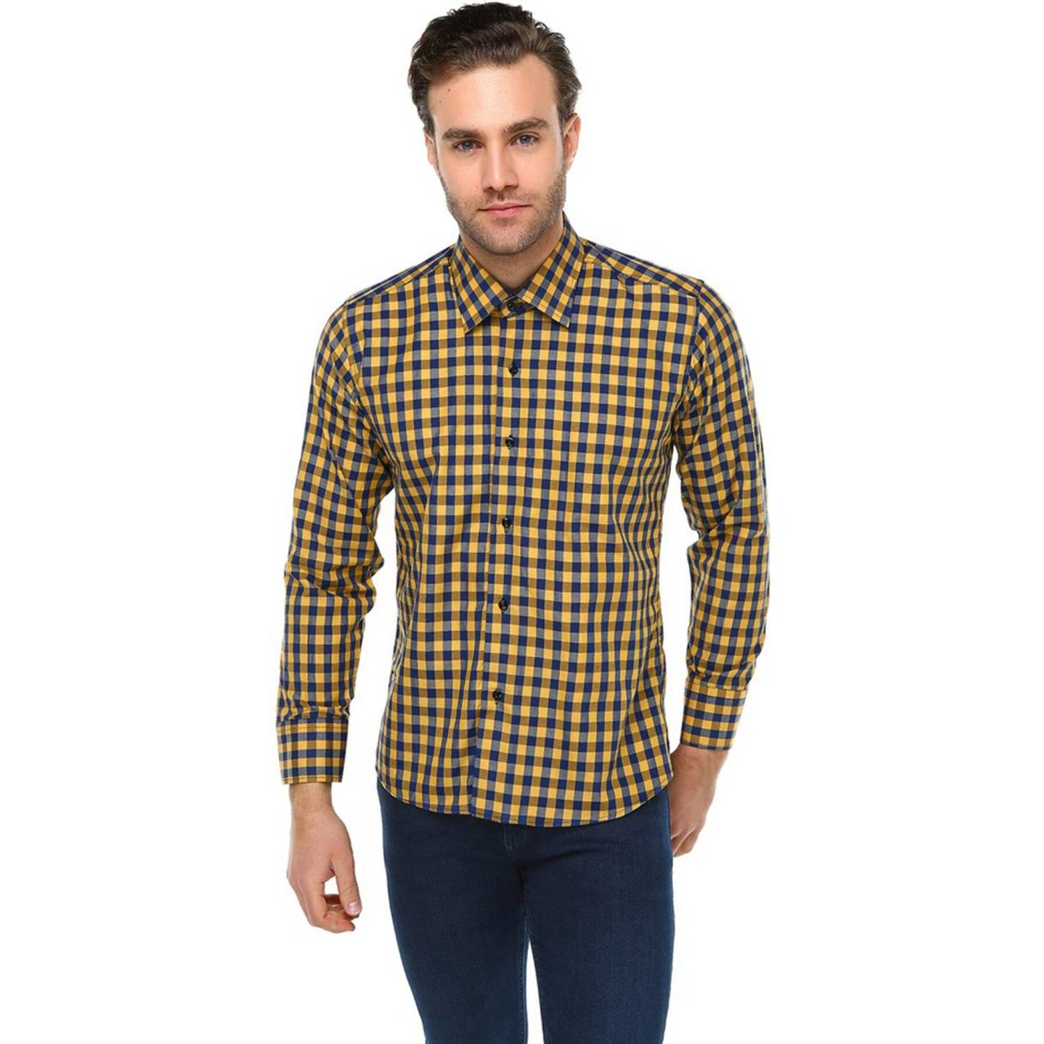 Erkek Slim Fit Sarı Lacivert Ekose Desenli Uzun Kollu Gömlek