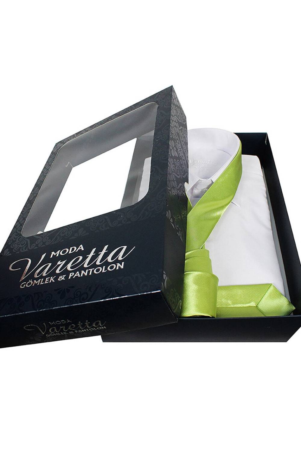 Men's White Classic Cut Long Sleeve Single Pocket Shirt Green Tie Combined Set