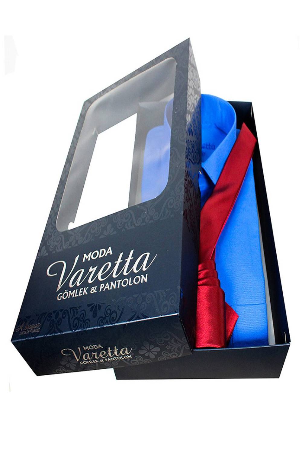 Синя класична чоловіча сорочка з довгим рукавом та одним кишенею, набір з краватки та хустки