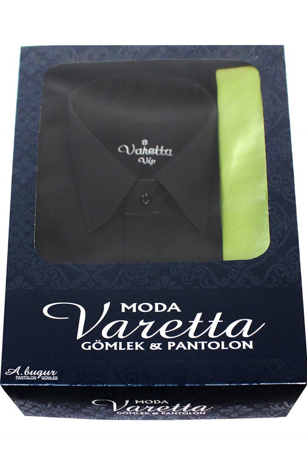 Men's Black Classic Cut Long Sleeve Single Pocket Shirt Green Tie Combined Set