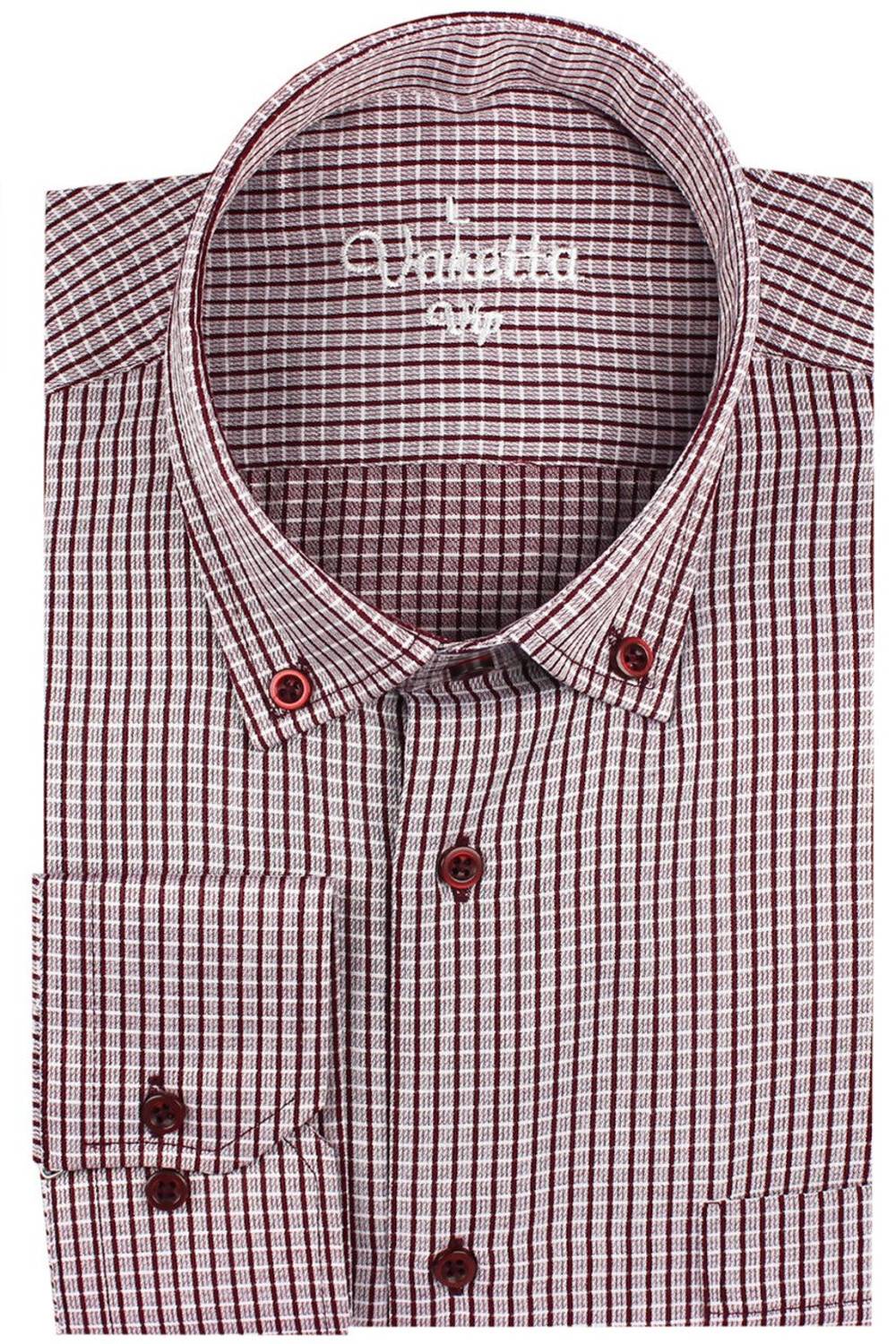 Men's Claret Red Check Classic Cut Long Sleeve Single Pocket Collar Buttoned Shirt