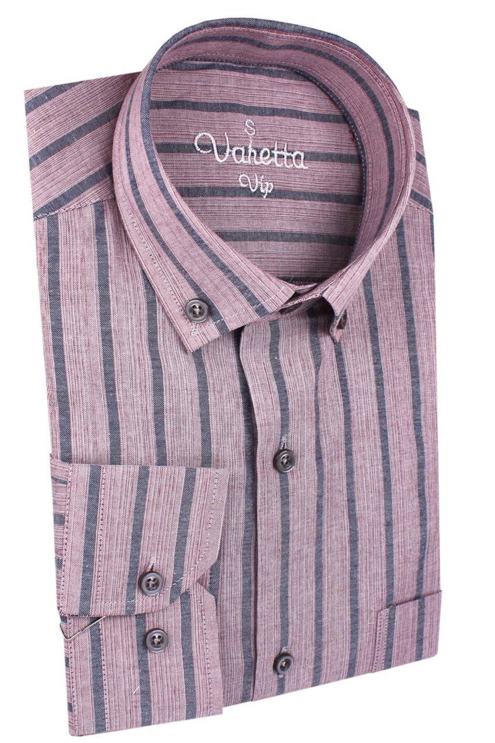 Erkek Gül Kurusu Çizgili Klasik Kesim Uzun Kollu Tek Cepli Yaka Düğmeli Gömlek