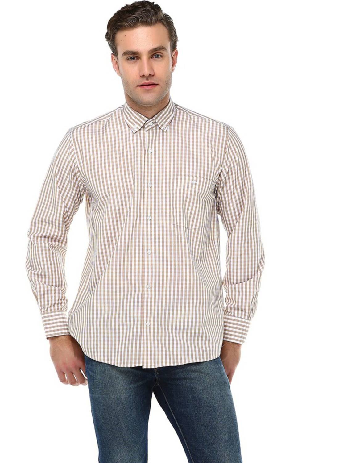 Varetta Men's Light Brown Plaid Long Sleeved Pocket Collar Buttoned Shirt