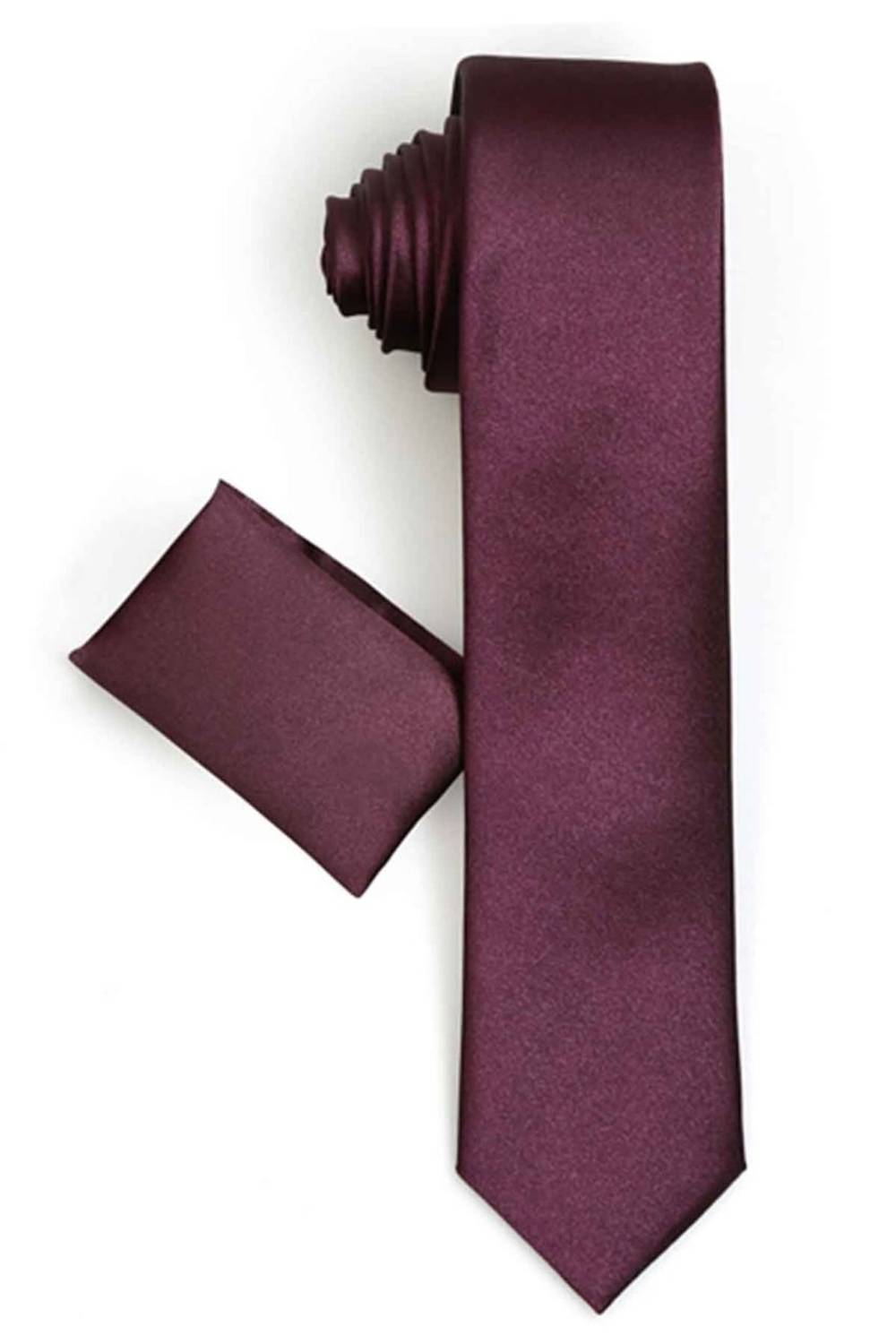 Erkek Mürdüm Dar Kesim Saten Düz Mendilli Kravat