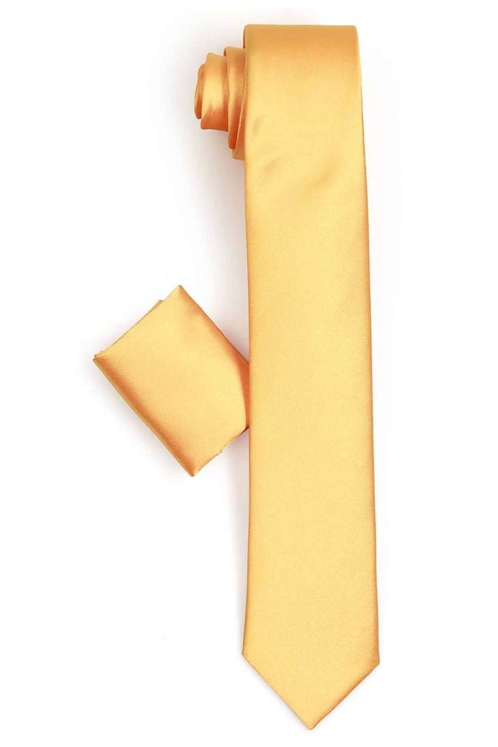 Erkek Yaz Turuncu Dar Kesim Saten Düz Mendilli Kravat