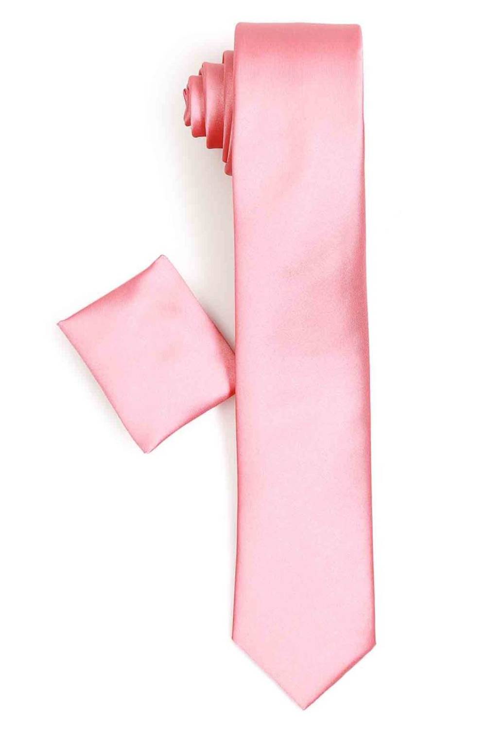 Erkek Şeker Pembe Dar Kesim Saten Düz Mendilli Kravat