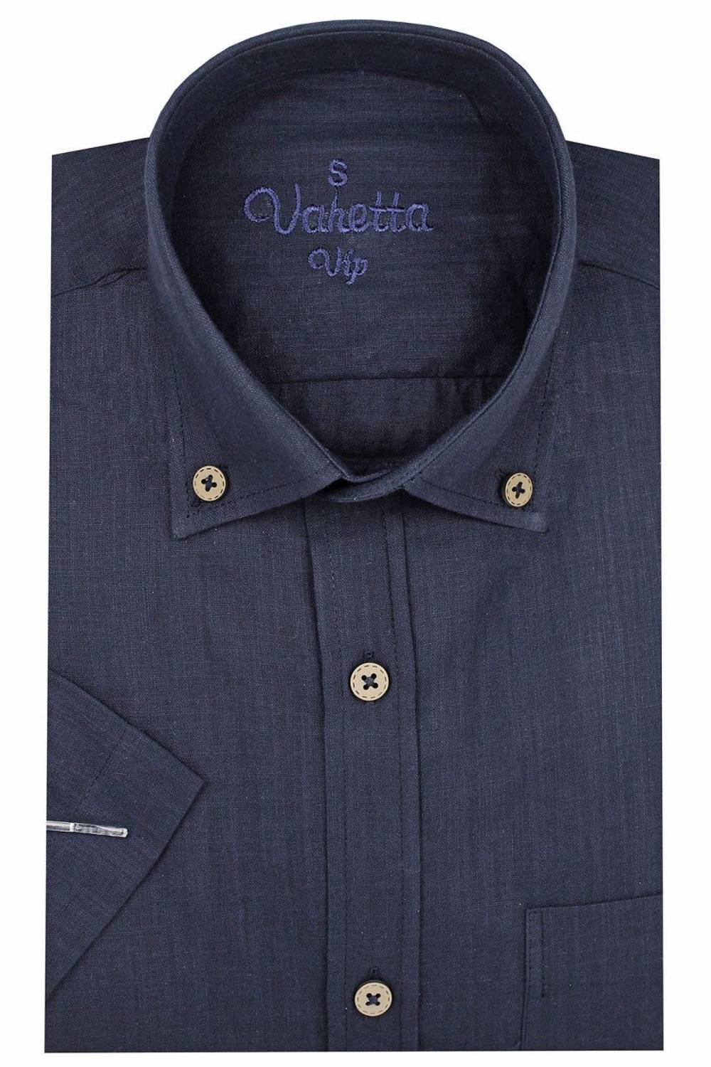 Erkek Lacivert Keten Klasik Kesim Kısa Kollu Gömlek