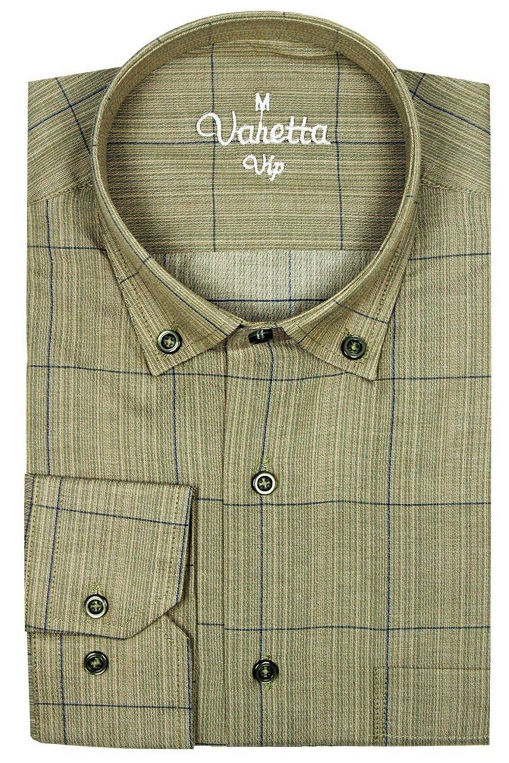 Men's Olive Green Classic Cut Single Pocket Checked Long Sleeve Shirt