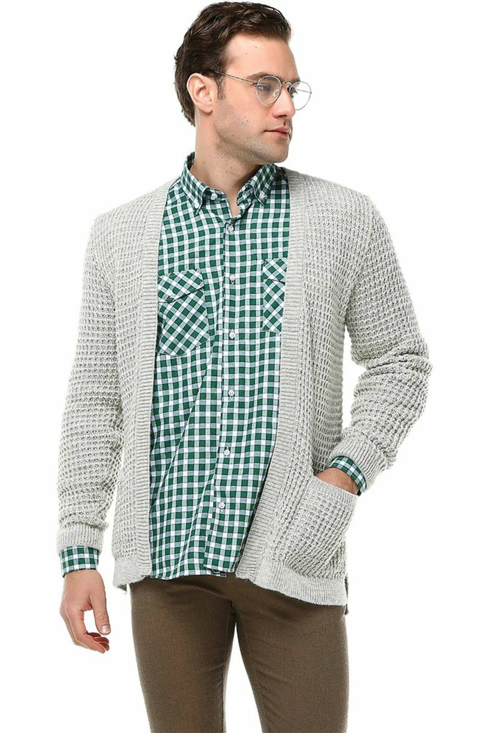 Чоловіча зелена класична сорочка довгого рукава з подвійними кишенями